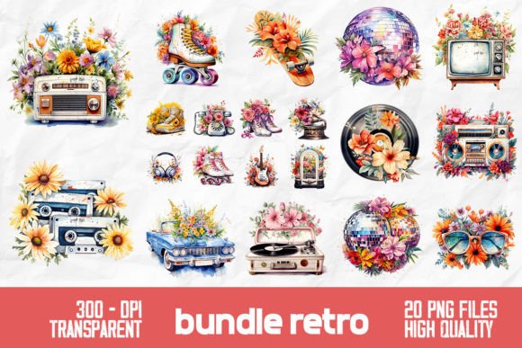 Download Retro Watercolor Flowers Bundle Design - Design Collection